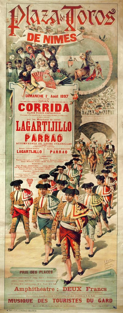 Poster pubblicitario di una corrida alla Plaza de Toros, Nimes, 1 agosto 1897, inciso da J. Ortega da J. and Pastor, E. Estellor